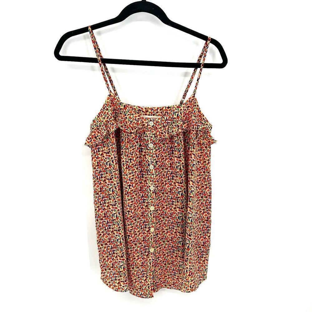 REBECCA TAYLOR 100% Silk Orange Red Ditsy Floral Print Button Up Tank Top Size 2